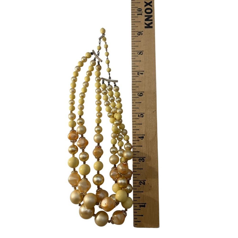 Vintage Signed Japan Silver Tone Layered Three Strand Faux Pearl Beaded Necklace - Picture 5 of 5